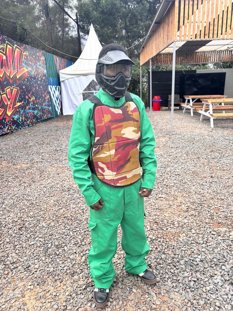 Crestfield student in paintball mask and protective gear